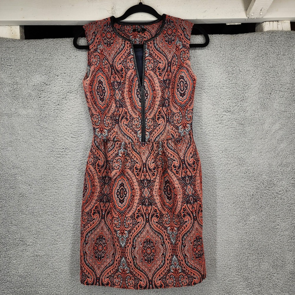 Raoul Sleeveless Dress US 0 UK‎ 4 FR 32 Orange Blue Paisley Print Leather Trim